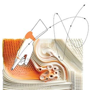 An illustration showing a hand touching an orange and white bobby surface