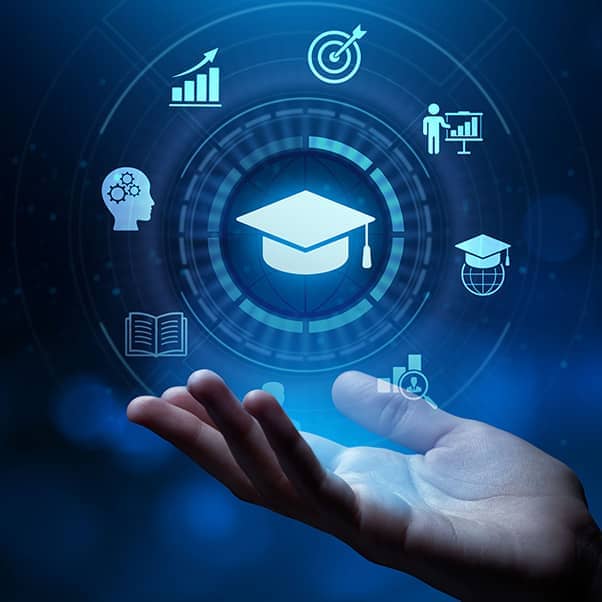 Image depicting a right hand with multiple education and learning symbols encircling a graduate's mortar board against a blue background.