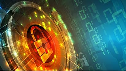 Technology security concept with a security padlock against a digital background.