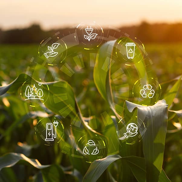 Green crops at sunset with circular eco-friendly icons including recycling, renewable energy, and sustainable agriculture symbols.