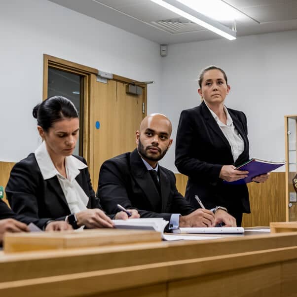 Solicitors at the bar in a courtroom.