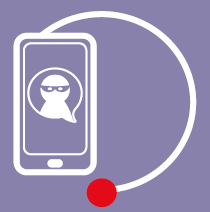 A purple background featuring a white outline of a phone, with a message being received from a masked person.