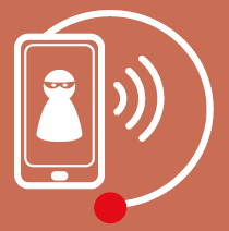 An orange background featuring a white outline of a phone, receiving a call from a masked person.