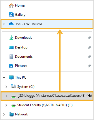 Screenshot of File Explorer with the H: Drive and OneDrive highlighted.