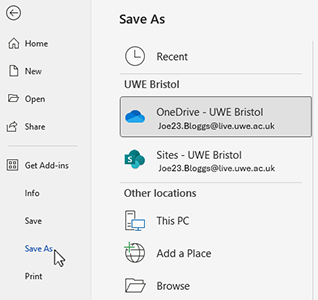 Screenshot of the 'Save As' options, showing 'OneDrive - UWE Bristol' highlighted as the option to select