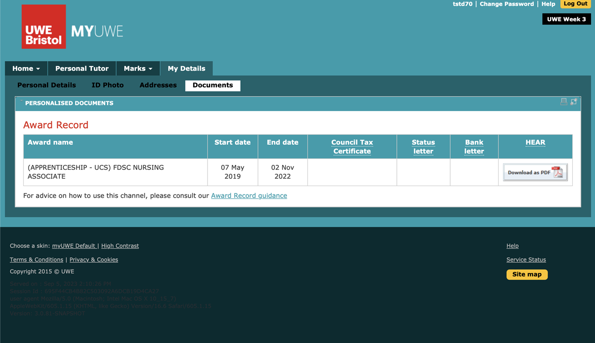 A screenshot of MYUWE with the 'My Details' and 'Documents' tabs selected, with 'Award Record' displayed underneath, which includes the end date.