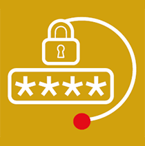 A yellow background featuring a white outline of a four asterisks password and a padlock.