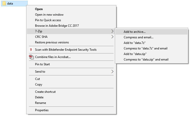 Screenshot of the pop-up windows with '7-Zip' and 'Add to archive...' highlighted.