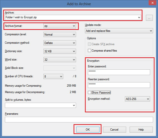 Screenshot of the 'Add to Archive' window, with the 'Archive', 'Archive format', 'Encryption' and 'OK' areas highlighted.