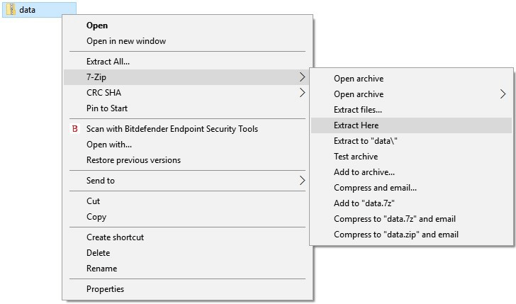 Screenshot of the pop-up windows with '7-Zip' and 'Extract Here' highlighted.