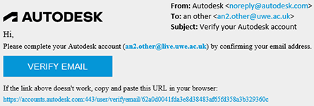 Example email from Autodesk, sent from 'noreply@autodesk.com' with the subject title 'Verify your Autodesk account'.