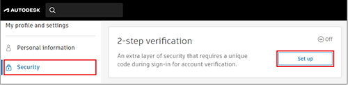 Autodesk profile with the 'Security' tab and 'Set up' button highlighted.