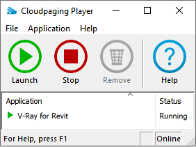 Cloudpaging Player displaying V-Ray for Revit running.