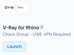 V-Ray for Rhino search result, with the launch button highlighted.