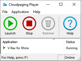 Cloudpaging Player displaying V-Ray for Rhino running.