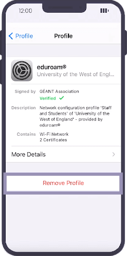 A screenshot of the eduroam profile, with 'Remove Profile' highlighted.